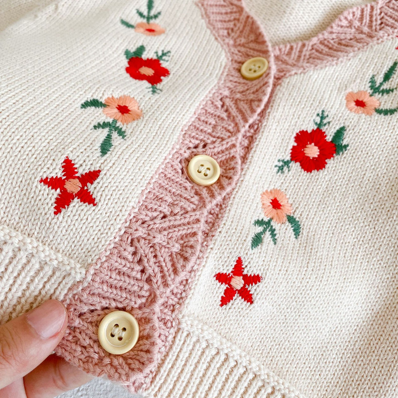 2021 Toamna Iarna Nou-Nascuti Fete Pulovere tricotate Broderie florala Cardigan stil coreean Paltoane Copii mici Pulover din bumbac