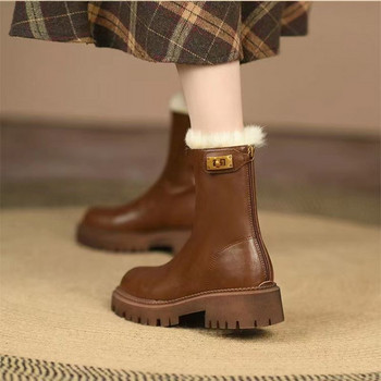 2022 Дамски модни ботуши с ципове до глезена Дамски зимни меки кожени топли ботуши 35-41 Квадратни обувки на нисък ток