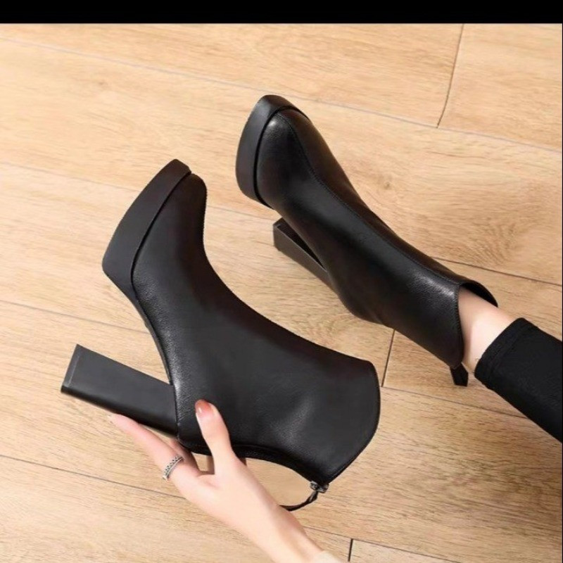 2023-as új női cipők, hátul cipzáras női csizmák, egyszerű bokacsizmák, női hegyes orrú, szuper magas platformú vaskos sarkú női cipők