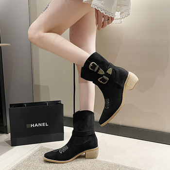 Дамски обувки 2023 Модна катарама за колан Дамски ботуши Зимни приплъзващи се модерни ботуши Дамски висококачествени ботуши с квадратни пръсти