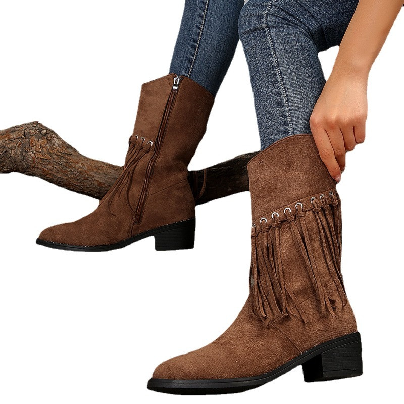 2023. aasta kuum müük jalatsid Naiste küljelt tõmblukuga naiste talvesaapad, terava varbaga seemisnahast täistutiga, kandilise juurega vabaajasaapad