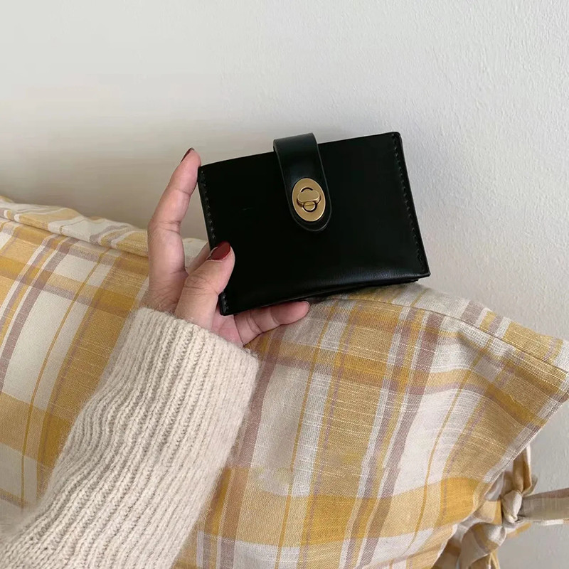 Šik Kórejská jednofarebná peňaženka na karty Vintage Casual Dámska peňaženka z PU kože Dámska kabelka na peniaze s klipom Peňaženka Ins Dámska mincová kabelka