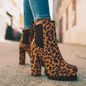 Модни дамски боти до глезена Flock Leopard Slip On Къси ботуши Дамски високи токчета Платформа Есенни обувки Дамски ботуши Retro Plus 43