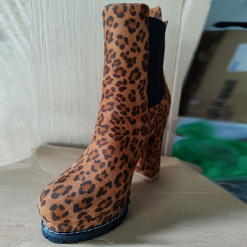Модни дамски боти до глезена Flock Leopard Slip On Къси ботуши Дамски високи токчета Платформа Есенни обувки Дамски ботуши Retro Plus 43