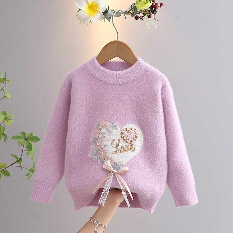 Pulover pentru fetițe coreeane, toamnă iarnă, noi pulovere tricotate, panglici de dragoste pentru copii, topuri calde pentru copii, fete GY08141