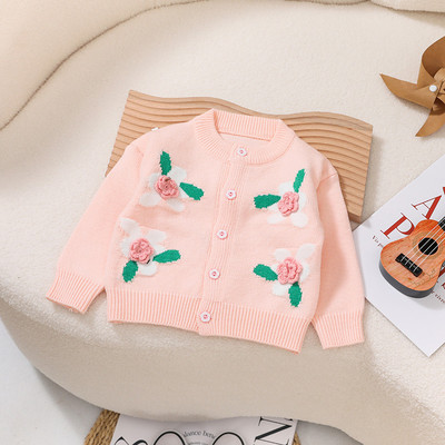 Tüdrukute vabaaja pikkade varrukatega kampsun, väike tüdruk, elegantne lilledega kudumine kardigan jakk-mantel 2023, uued lasteriided GY07311