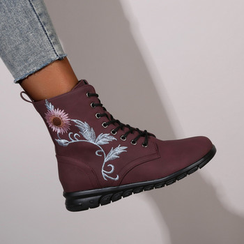 2023 Зимни основни обувки за жени Дамски ботуши със страничен цип Ежедневни плоски с дамски обувки Дамски ботуши с бродирани ниски токове
