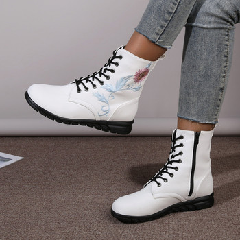 2023 Зимни основни обувки за жени Дамски ботуши със страничен цип Ежедневни плоски с дамски обувки Дамски ботуши с бродирани ниски токове