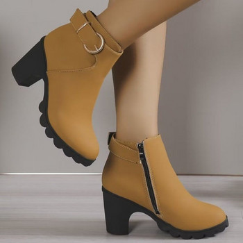 Модни дамски обувки 2023 г. Дамски ботуши до глезена Ретро модерни ботуши Дамски плътни ципове с катарама за колан С кръгли пръсти Дамски обувки на висок ток