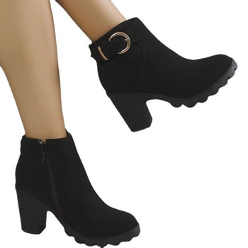 Модни дамски обувки 2023 г. Дамски ботуши до глезена Ретро модерни ботуши Дамски плътни ципове с катарама за колан С кръгли пръсти Дамски обувки на висок ток