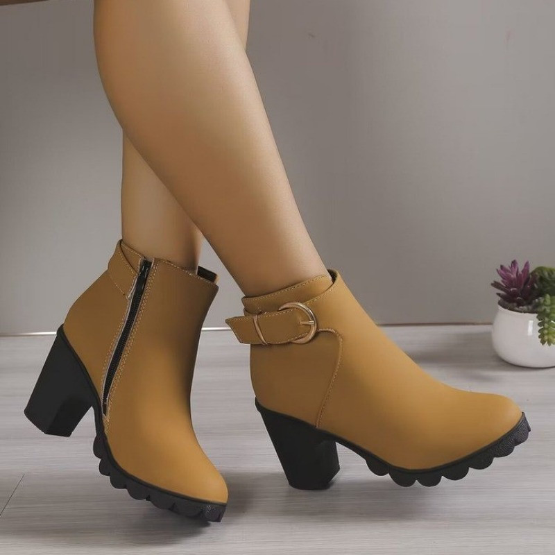 2023. aasta mood naiste kingad pahkluu naiste saapad Retromoodsad naiste saapad, tõmblukuga rihma pandla ümmargune nina kõrge kontsaga naiste kingad