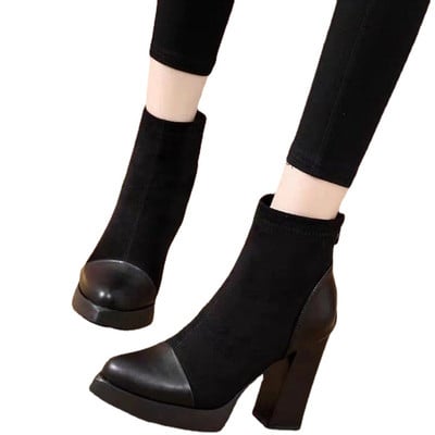 Női cipők 2023 Flock Platform hátul cipzáras női csizmák Egyszerű bokacsizmák női hegyes orrú szuper magas vaskos sarkú cipők női