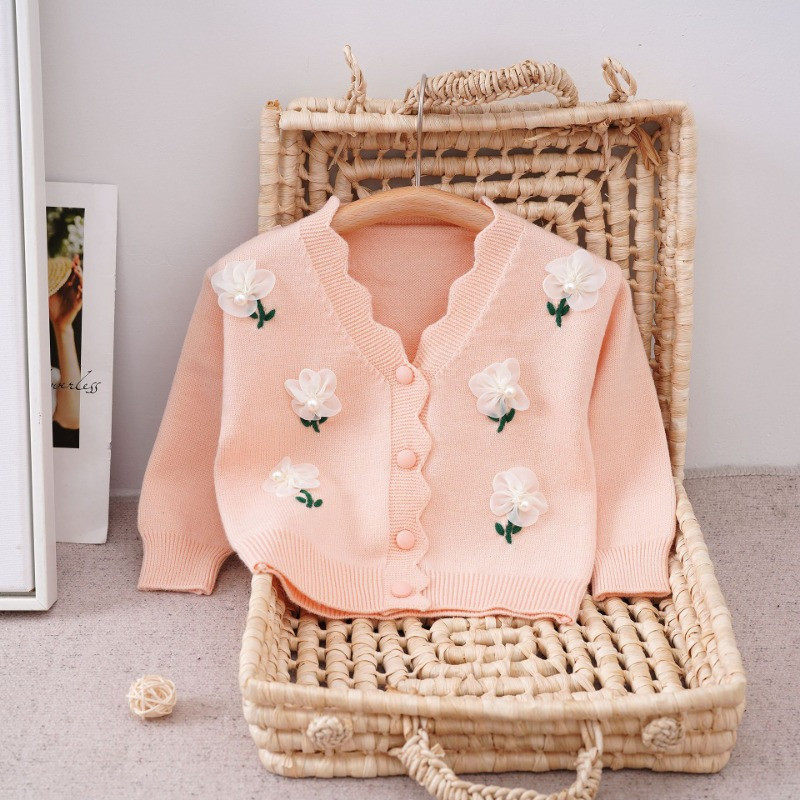 Pulover pentru fete Pulover cu aplicații noi Tricoturi de toamnă la modă pentru bebeluși Flori elegante cu decolteu în V Top tricotat pentru copii GY09281