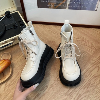 2023 Дамски обувки Страничен цип Глезени Дамски ботуши Зимни модерни ботуши Дамски шевни кръгли пръсти Платформа с връзки Плоска с обувки Дамски