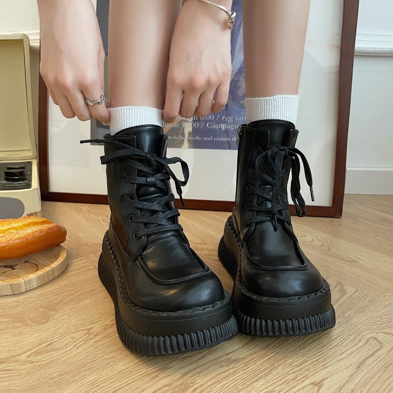 2023 Női Cipők Oldalsó cipzáras Boka Női Csizmák Téli Modern Csizmák Női Varrás Kerek orrú fűzős Platform lapos cipőkkel Női