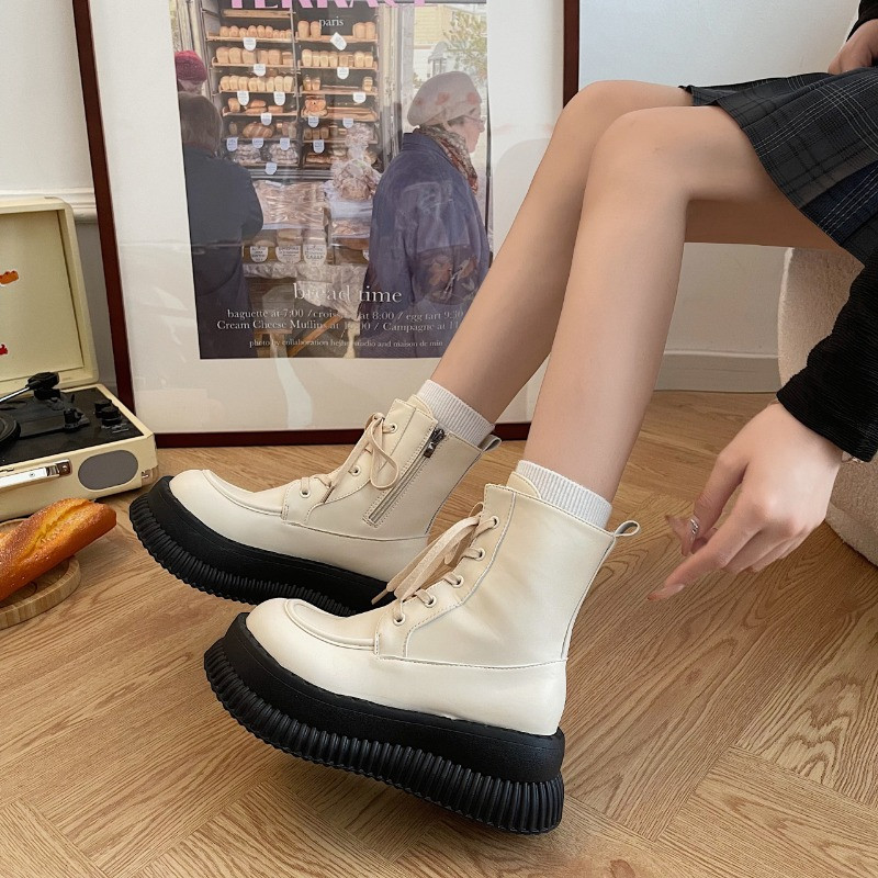 2023 Női Cipők Oldalsó cipzáras Boka Női Csizmák Téli Modern Csizmák Női Varrás Kerek orrú fűzős Platform lapos cipőkkel Női