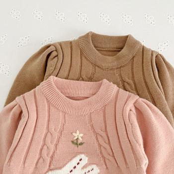 Νέο Φθινοπωρινό Χειμωνιάτικο Πουλόβερ Κοριτσίστικο Πλεκτό Πλεκτό Πάτο με στρογγυλή λαιμόκοψη χαριτωμένο κουνελάκι πουλόβερ Κέντημα Παιδικά Ρούχα GY10061