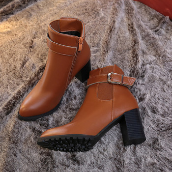 Дамски боти до глезена Зимни велурени ботуши на висок ток Дамски модни гладиаторски обувки с остър връх Черни кожени обувки за жени Голям размер 42