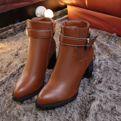 Дамски боти до глезена Зимни велурени ботуши на висок ток Дамски модни гладиаторски обувки с остър връх Черни кожени обувки за жени Голям размер 42