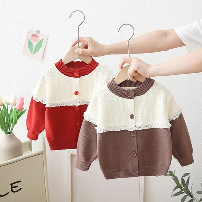 Preppy Baby Girl Knitwear Patchwork Δαντέλα Floral Bordered Πουλόβερ Baby Girls Cardigans 0-6 ετών Παιδικό πλεκτό μπουφάν GY07121