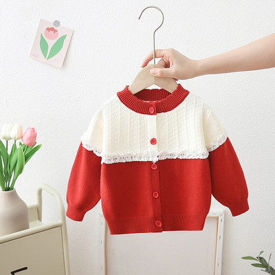Preppy Baby Girl Knitwear Patchwork Δαντέλα Floral Bordered Πουλόβερ Baby Girls Cardigans 0-6 ετών Παιδικό πλεκτό μπουφάν GY07121