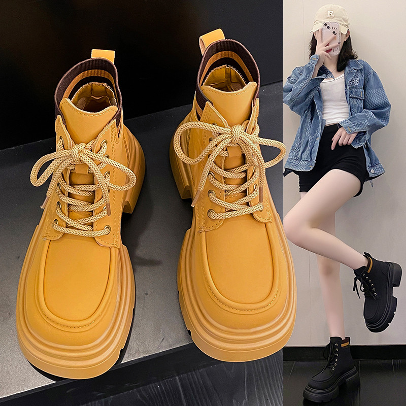 Pantofi pentru femei Reducere 2023 Nou Toamnă Iarnă Cizme de damă cu vârf rotund Cizme de drumeție galbene anti-alunecare cu talpă groasă Zapatos Chunky Mujer