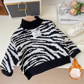 Zebra csíkos pulóver félig magas nyakú bársony vastag, meleg kötött pulóver 2023 új őszi téli pulóver felsők