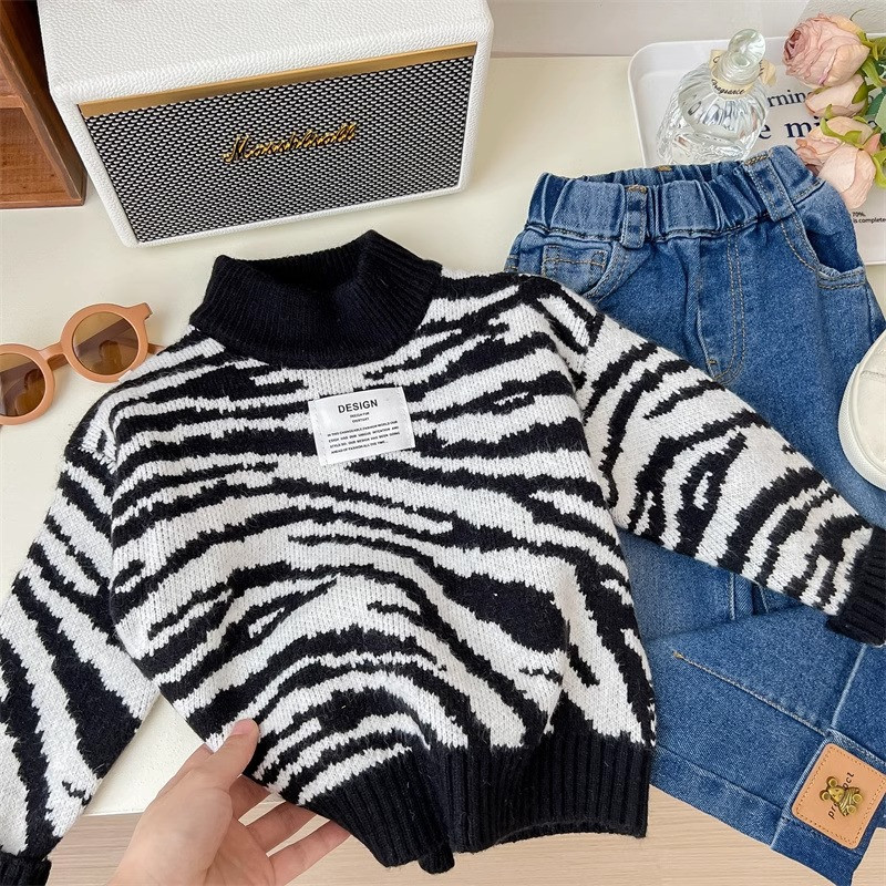 Zebra csíkos pulóver félig magas nyakú bársony vastag, meleg kötött pulóver 2023 új őszi téli pulóver felsők