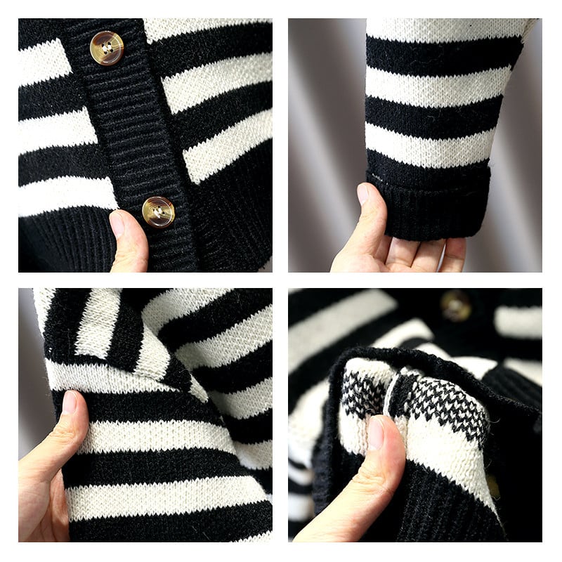 Must valge triibuline kootud kardigan V-kaelusega ühe rinnaga poiste tüdrukute kampsun kevad-sügis vabaaja jakid