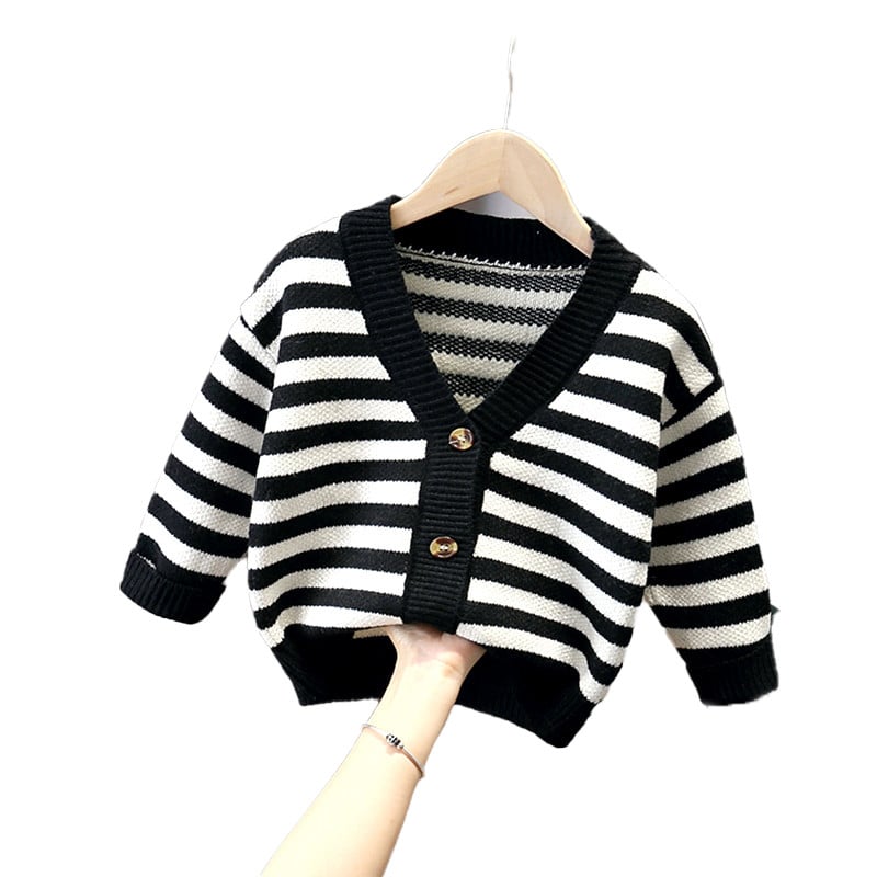 Must valge triibuline kootud kardigan V-kaelusega ühe rinnaga poiste tüdrukute kampsun kevad-sügis vabaaja jakid