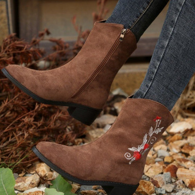 Cizme de damă de bază de iarnă la jumătatea gambei Pantofi cu fermoar lateral pentru femei cu toc pătrat Pantofi de damă ocazional marimi mari Reducere caldă cizme de damă