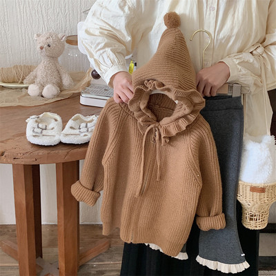 2023. aasta uued sügisriided Tüdrukute paksendatud kapuutsiga kudumine kampsun Baby Cardigan Talvine kudumismantel volangkübaraga soojad jakid