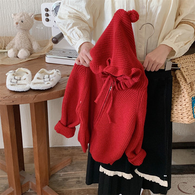 2023. aasta uued sügisriided Tüdrukute paksendatud kapuutsiga kudumine kampsun Baby Cardigan Talvine kudumismantel volangkübaraga soojad jakid