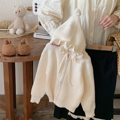 2023. aasta uued sügisriided Tüdrukute paksendatud kapuutsiga kudumine kampsun Baby Cardigan Talvine kudumismantel volangkübaraga soojad jakid