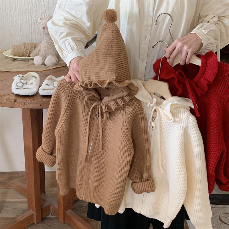 2023. aasta uued sügisriided Tüdrukute paksendatud kapuutsiga kudumine kampsun Baby Cardigan Talvine kudumismantel volangkübaraga soojad jakid