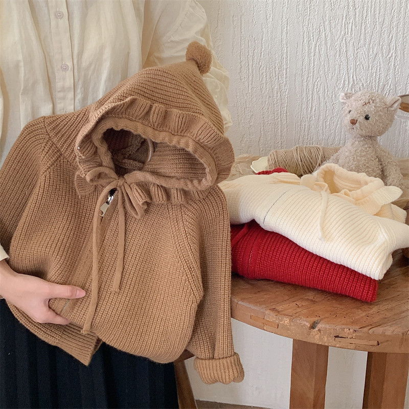 2023. aasta uued sügisriided Tüdrukute paksendatud kapuutsiga kudumine kampsun Baby Cardigan Talvine kudumismantel volangkübaraga soojad jakid