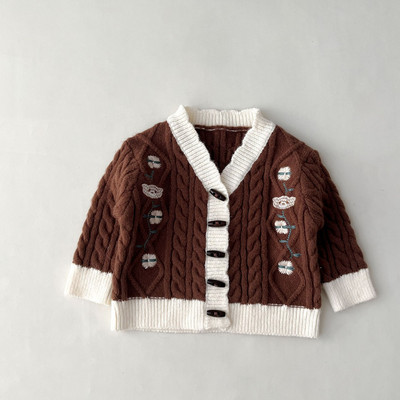 Cardigan tricotat pentru fetițe, pentru primăvară, toamnă, broderie florală, cu decolteu în V, pentru copii, tricotaje moale, pulover, haină coreeană moale