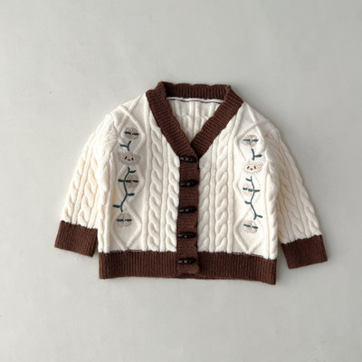 Cardigan tricotat pentru fetițe, pentru primăvară, toamnă, broderie florală, cu decolteu în V, pentru copii, tricotaje moale, pulover, haină coreeană moale