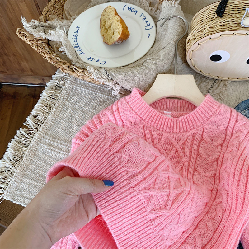 Iarna Copii Bebeluși Fetițe Îngroșați Top haine Copii tricotate cu mânecă lungă Pulovere roz Copii mici răsuciți Pulover largi Ținute de primăvară