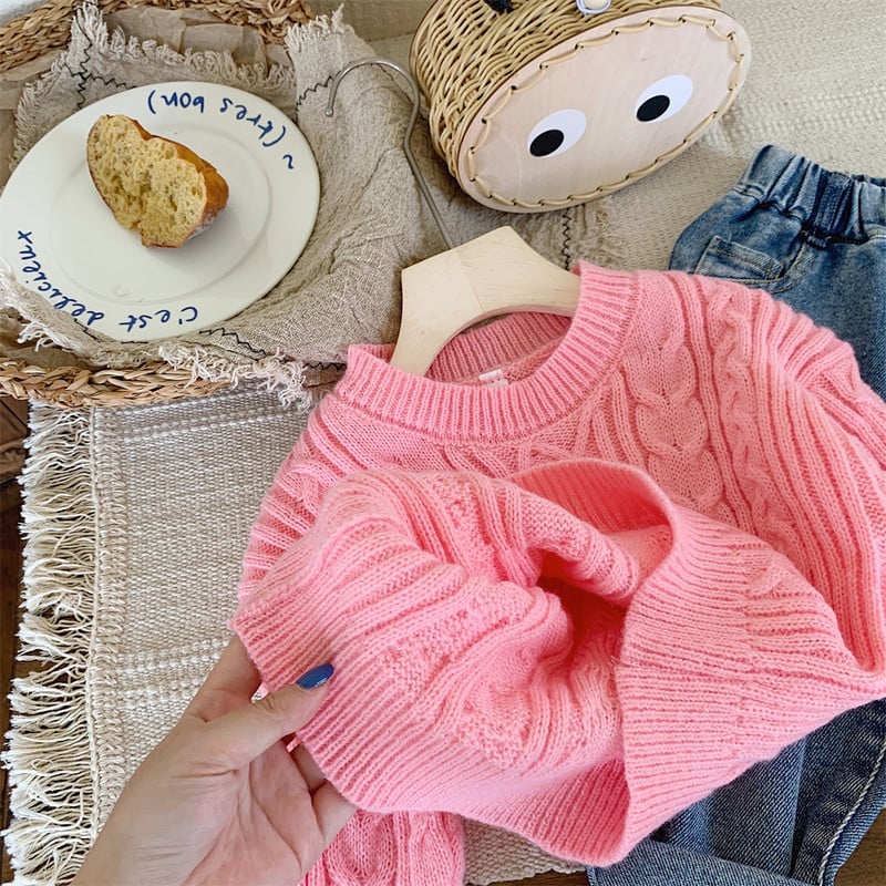 Iarna Copii Bebeluși Fetițe Îngroșați Top haine Copii tricotate cu mânecă lungă Pulovere roz Copii mici răsuciți Pulover largi Ținute de primăvară