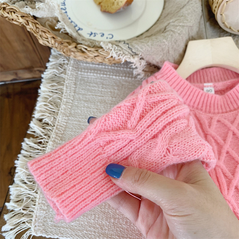 Iarna Copii Bebeluși Fetițe Îngroșați Top haine Copii tricotate cu mânecă lungă Pulovere roz Copii mici răsuciți Pulover largi Ținute de primăvară