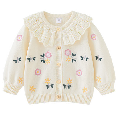 Jachetă cardigan tricotată pentru fete, broderie pentru copii, îmbrăcăminte florală pentru copii, pulover cu mânecă lungă pentru copii, toamnă, guler cu rever, haine de sus