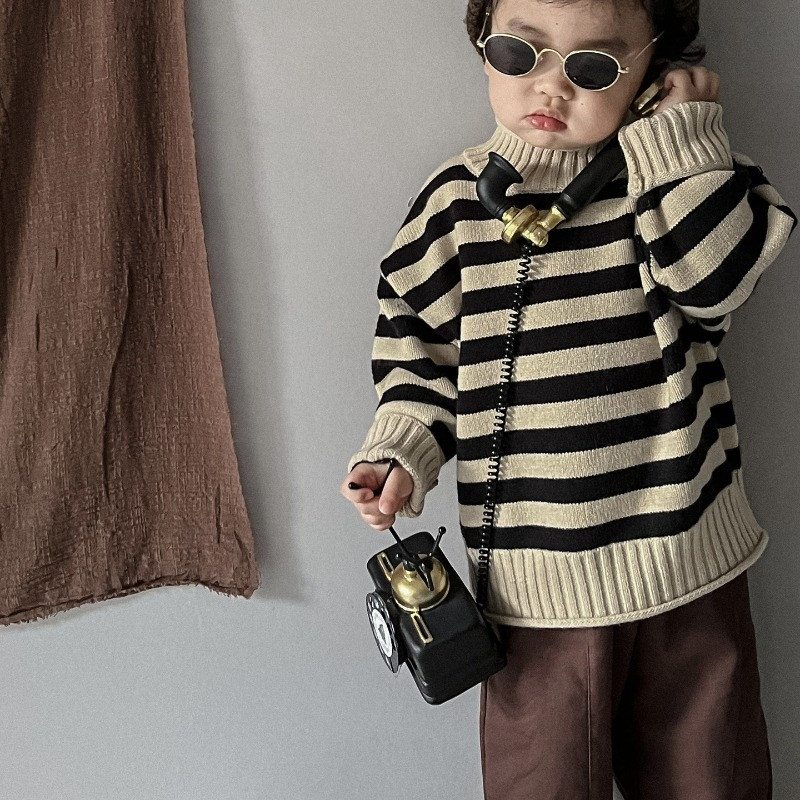 Gyermek őszi vastag kötött pulóver Göndör garbós baba klasszikus csíkos pulóver fiúknak lányoknak téli tipegő alkalmi ruházat