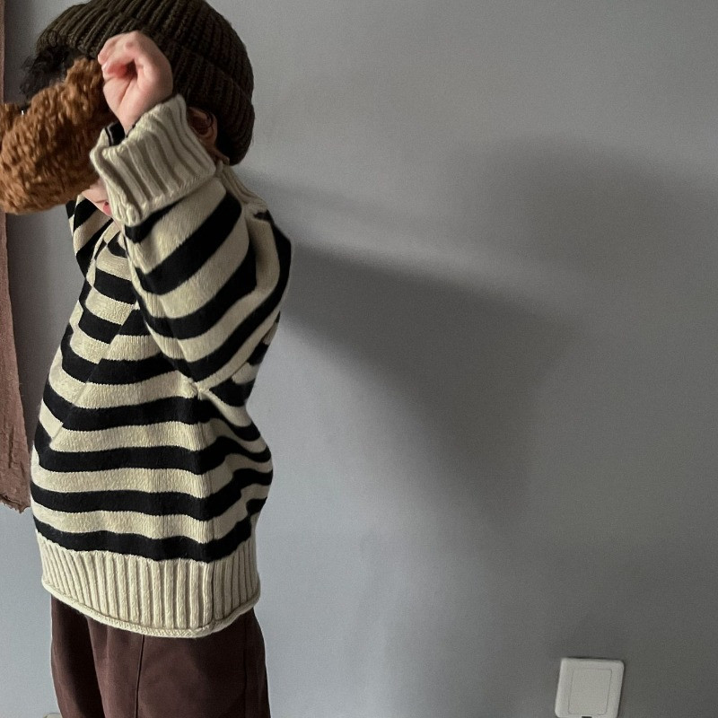 Gyermek őszi vastag kötött pulóver Göndör garbós baba klasszikus csíkos pulóver fiúknak lányoknak téli tipegő alkalmi ruházat