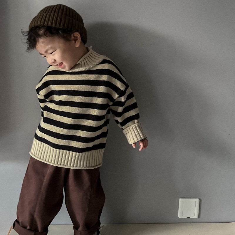 Gyermek őszi vastag kötött pulóver Göndör garbós baba klasszikus csíkos pulóver fiúknak lányoknak téli tipegő alkalmi ruházat