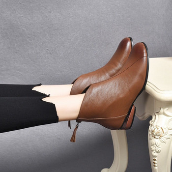 Обувки за жени 2023 Зимни основни дамски обувки с кръгли пръсти Comfor Дамски ботуши с нисък ток Нова мода Плюшени топли ботуши с цип