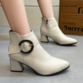 Дамски обувки 2023 Горещи разпродажби Дамски ботуши с приплъзване Модни катарама за колан Модерни ботуши Дамски секси ботуши с остри пръсти Обувки за жени