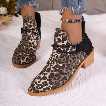Дамски обувки Зимни леопардови платнени плитки боти до глезена 2023 Ежедневни дамски обувки със среден ток с цип и остри пръсти Дамски обувки с равни пръсти