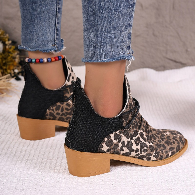 Naiste jalatsid Talvised leopardist lõuendist madalad poolsaapad 2023 vabaaja naiste lukuga keskmised kontsad, terava ninaga naiste jalatsid