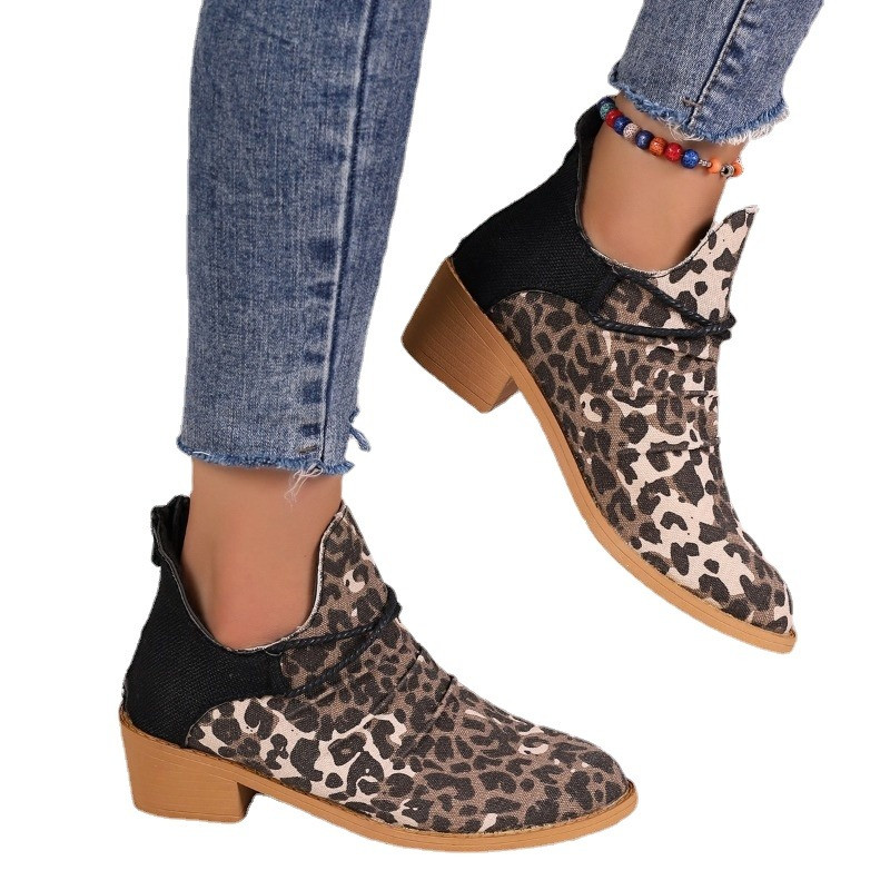 Naiste jalatsid Talvised leopardist lõuendist madalad poolsaapad 2023 vabaaja naiste lukuga keskmised kontsad, terava ninaga naiste jalatsid